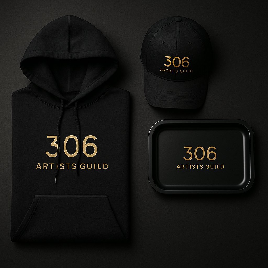 Bundle of branded hoodies, hats, and rolling trays for 306 Artists Guild
